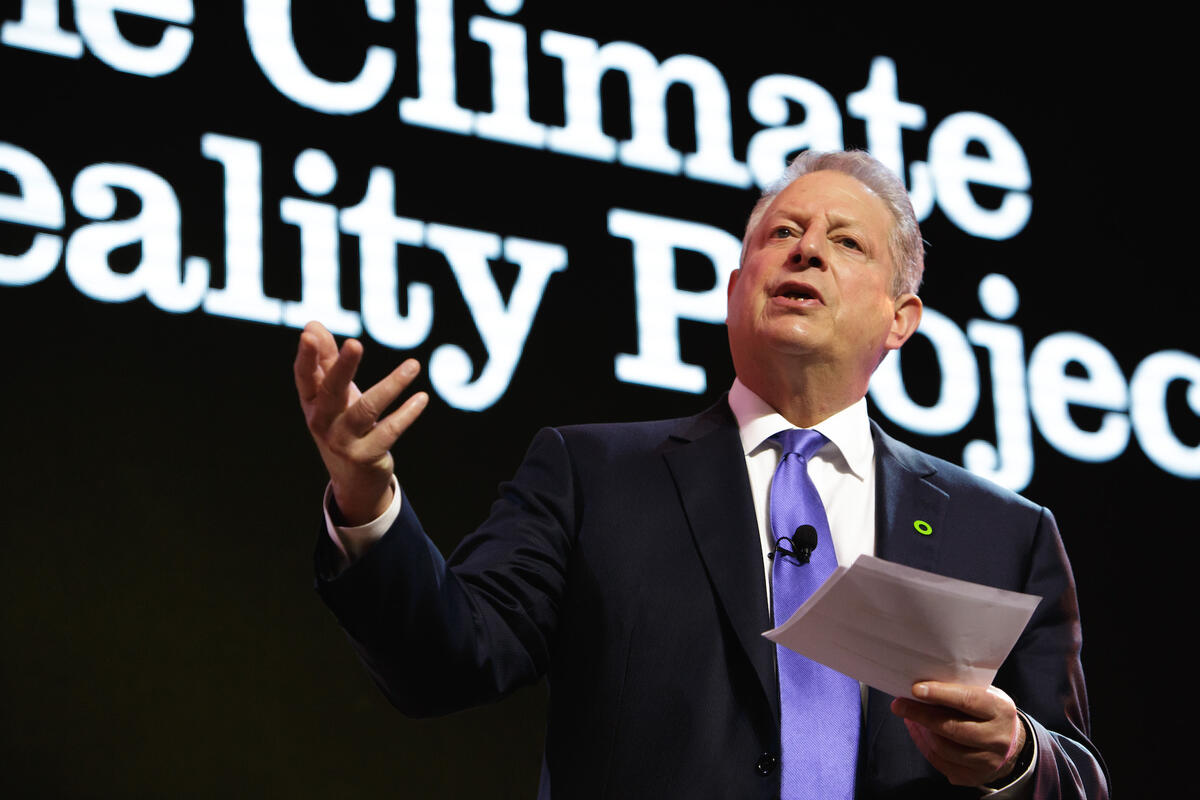 Nobel Laureate and former Vice President Al Gore gives a speech.