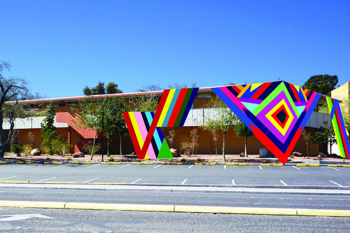 Photo of a an image showing brightly colored fabric draped on Grant Hall.