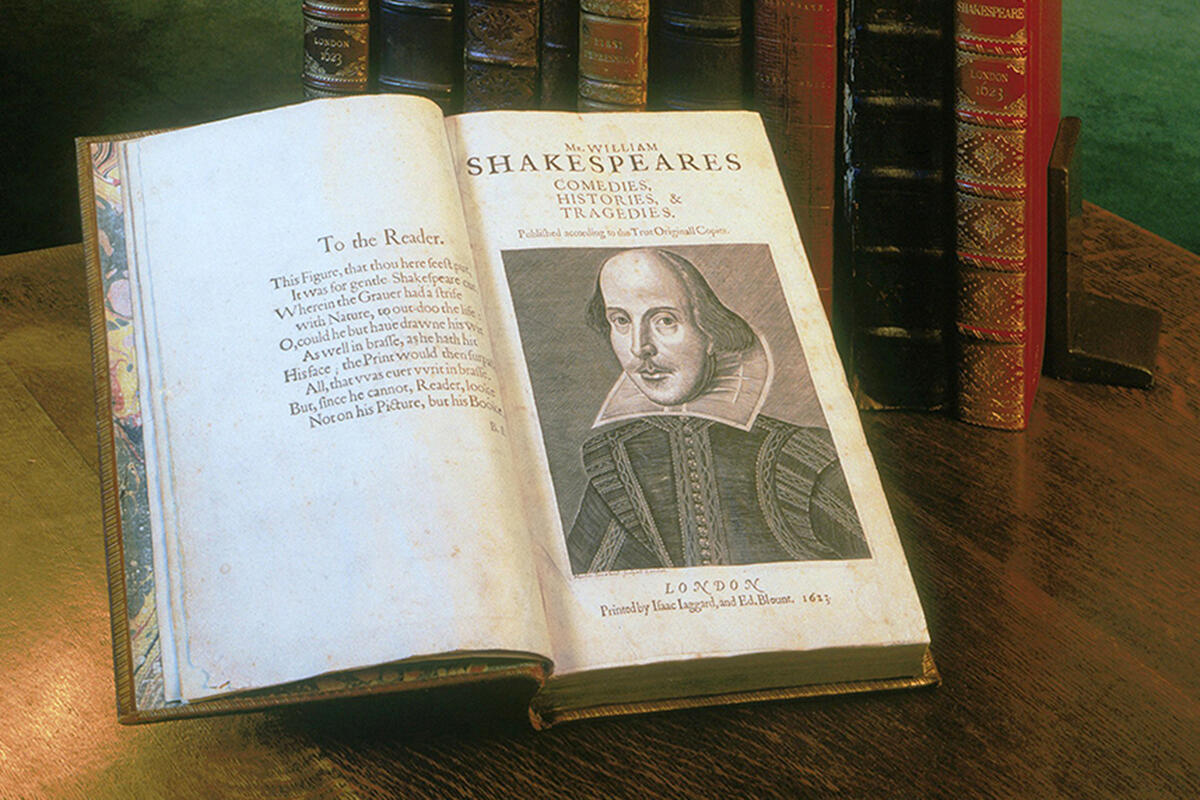 Book opened to illustration of Shakespeare