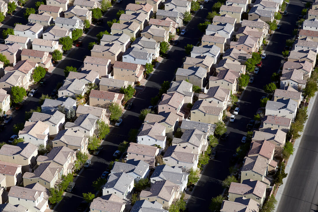 An aerial photograph of homes in a Southern Nevada neighborhood.