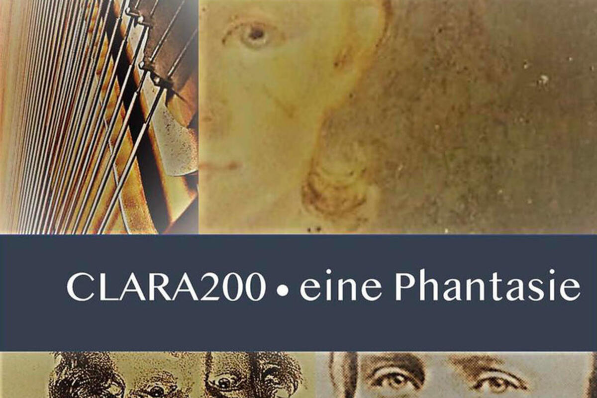 an artist's rendering of a face and a musical instrument for &quot;clara200 &quot;CLARA200 eine Phantasie&quot;