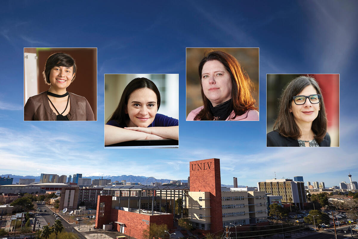campus skyline with portraits of four women