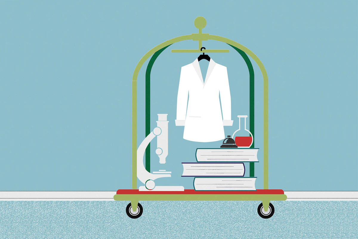 Graphic of cart with lab coat, microscope, and books
