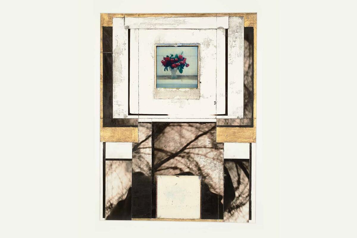 a collage of wood parts and a photo of a vase with roses