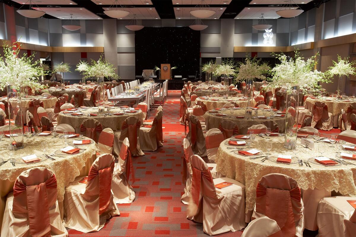 banquet room prepared for an event