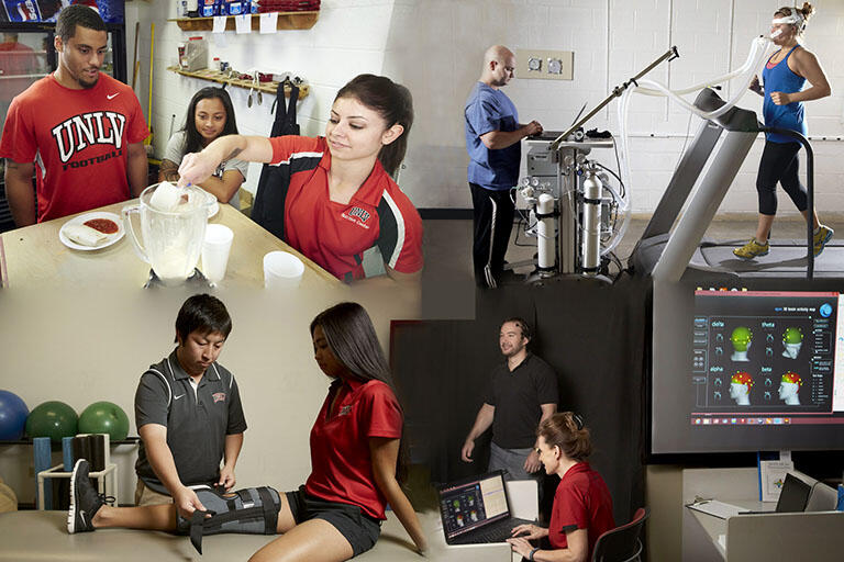 Collage of the four images: top left two students observing another make a nutritional smoothie, top right a trainer observing a patient run on a treadmill, bottom left trainer stabilizing a patient's knee, bottom right trainer performing a neurological test on a patient