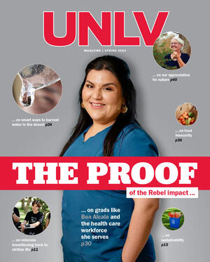 magazine cover showing woman in scrubs and headline "The Proof of the UNLV Impact" surrounded by smaller detail shots