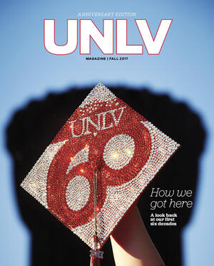 UNLV magazine cover featuring a bedazzled graduation cap that reads U-N-L-V 60