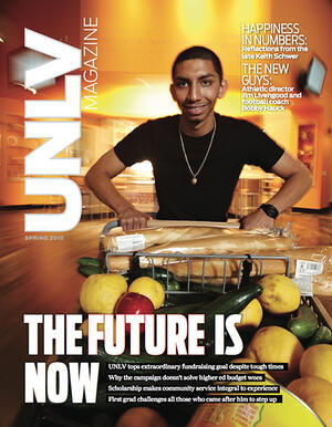 Magazine cover featuring a man holding a grocery cart filled with various food