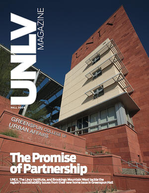 Magazine cover featuring the Greenspun Hall five-story building
