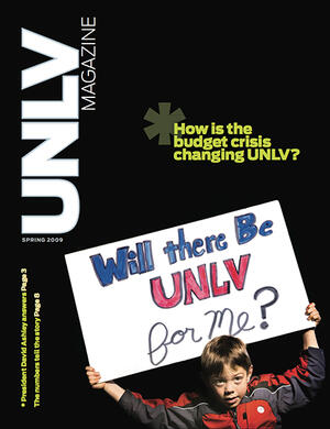 Magazine cover featuring the Budget Crisis story of a child holding up a sign that reads &quot;Will there be U-N-L-V for me?&quot;
