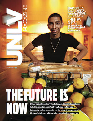 Magazine cover featuring a man holding a grocery cart filled with various food