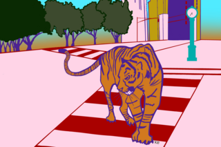 A tiger walks in a cityscape, surrounded by trees and buildings, in this promotional drawing.