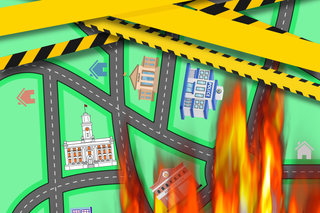 A city is depcited on a map with a police station and a government building. A fire threatens the city and caution tape covers the top of the map.