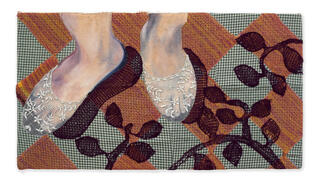 A picture of two feet in slippers made of white lace. They are resting on a tiled floor. The image is made of fabric (the tiles are knitted), with the details of the feet painted in.