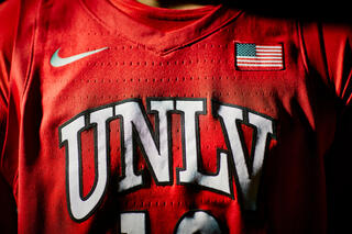 A closeup of a UNLV jersey.