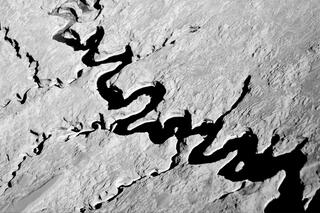 A black and white aerial view of Lake Powell