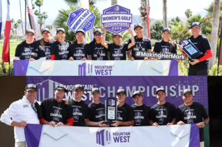 Both the UNLV Men's Golf and Women's Golf teams holding up their 2026 Mountain West Championship trophies. Both teams are holding a banner that says "Mountain West"