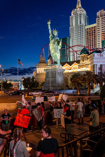 protestors outside New York New York casino