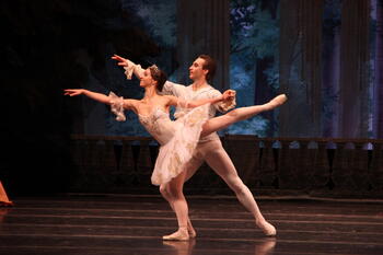 Russian National Ballet performance with two ballet dancers mid-routine