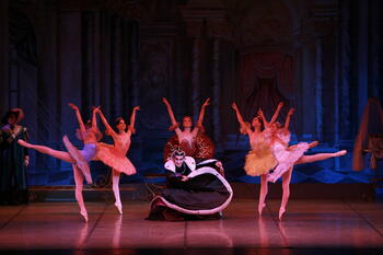 Russian National Ballet performance with a group of ballet dancers mid-routine