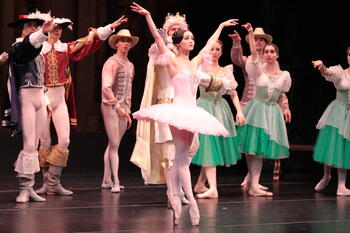 Russian National Ballet performance with a group of ballet dancers mid-routine
