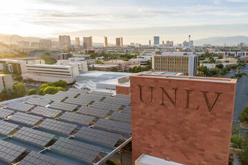 top of campus building with solar panels, view of The Strip