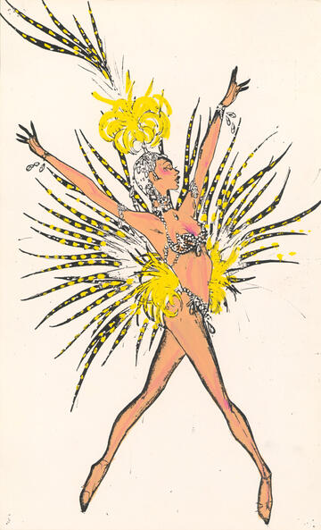 The yellow feather showgirl costume design by Pete Menefee for Jubilee! (Donn Arden Papers/UNLV Special Collections)
