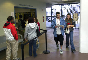 Students in line at student financial services office.