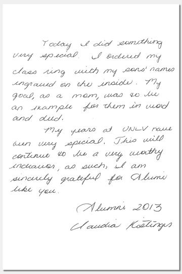 A letter to a donor written in cursive.