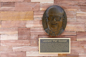 In September 2013, a bronze plaque of Leonard E. "Pat" Goodall, who served from 1979 to 1984 as the university's fourth president, was added to the wall. (R. Marsh Starks/UNLV Photo Services)