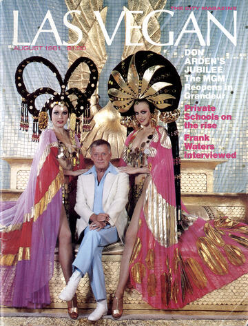 Cover of "Las Vegan" magazine featuring Donn Arden with two showgirls wearing costumes from the "Samson & Delilah" number. August 1981. (Donn Arden Papers/UNLV Special Collections)