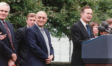 During a White House visit after winning the 1990 NCAA Championship. From left: Brad Rothermel, then UNLV's athletic director; Vice President Dan Quayle; Jerry Tarkanian; and President George H.W. Bush.