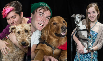 Shots of people posing for portraits with a dog.