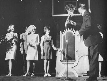 Selection of homecoming queen at halftime during the basketball game on Jan. 10, 1966. (UNLV Special Collections)
