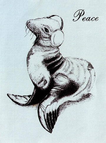 Holiday graphic card which contains a drawn seal with earmuffs on.