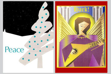Holiday cards containing a christmas tree and another with an angel.