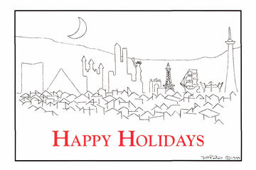 Holiday graphics card with the Las Vegas strip skyline drawn out.