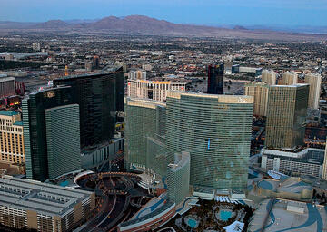 Aerial view of CityCenter. Front view of Aria and Vdara hotel entrance.