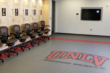 The Runnin’ Rebels locker room in the Mendenhall Center will be used for all practices. The players will continue to use the Thomas & Mack’s locker room on game day. The room’s sensor lighting system helps save electricity.