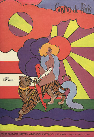 A very colorful dinner menu with an illustration of a woman sitting on top of a tiger.