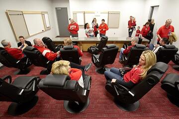 The film room links into an advanced communication system for game reviews, recruiting materials, and streaming video. It was designed by XOS Technologies, which specializes in sports facilities, and was built with a donation from Hope Anstett.