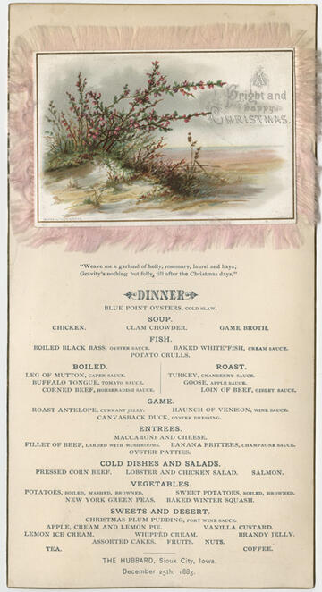 A food menu with pink fabric fringe surrounding a colorful landscape.