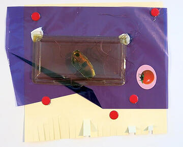 Abstract travel collage by Alish Kerlin named The Warmest Season of the Year containing tissue paper, plastic, and a sheet of paper with edges cut out.