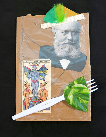 Abstract travel collage by Aurore Giguet named Lunch Break containing a fork, taro card, and black and white image of an older man.