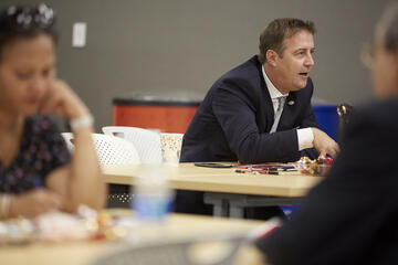Hotel administration and sociology professor Bo Bernhard discusses Nevada's unique role in the political landscape during a media pop-up event at the Rogers Literature and Law Building Oct. 18.