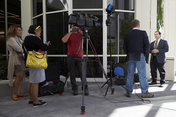 Criminal Justice professor William Sousa participates in an interview with Al Jazeera News during one of five media "pop-up" events held inside the Rogers Literature and Law Building.&nbsp;In addition to thousands of national media, UNLV was privileged to welcome hundreds of foreign journalists from top media organizations throughout the world - many of whom walked our campus and spoke with our students and faculty during the&nbsp;pop-ups or within the media center.