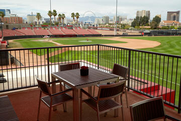 Located at the first base line of Earl E. Wilson Stadium, the clubhouse features a second-floor patio with sweeping views of Roger Barnson Field and the Las Vegas Strip beyond campus. Two indoor batting cages, a weight room, and conditioning areas are currently being installed on the top floor.  (R. Marsh Starks/UNLV Photo Services)