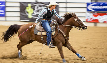 Competitor on a horse during a rodeo competition.