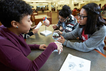 Students studying at a desk in the library.